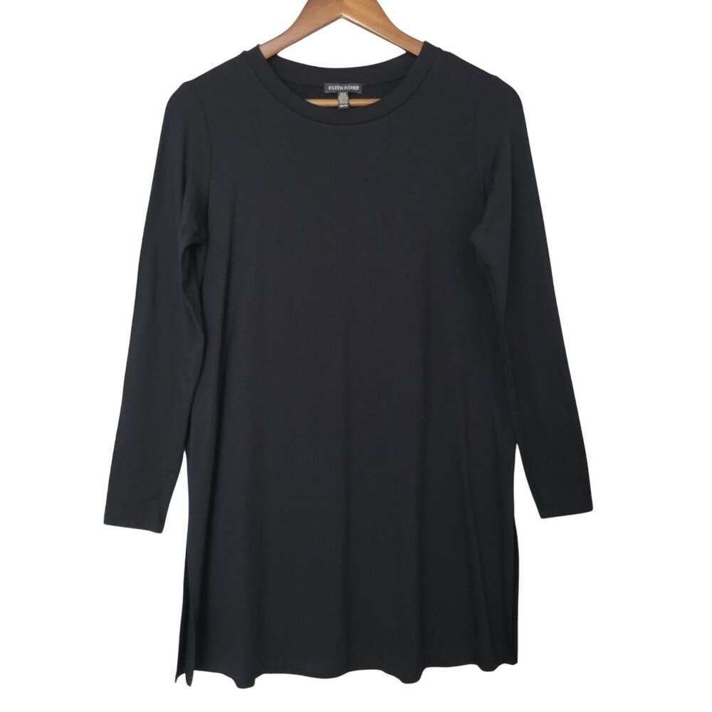 Eileen Fisher Tunic Dress Womens Size XS Black Long Sleeve Side Slit Stretchy